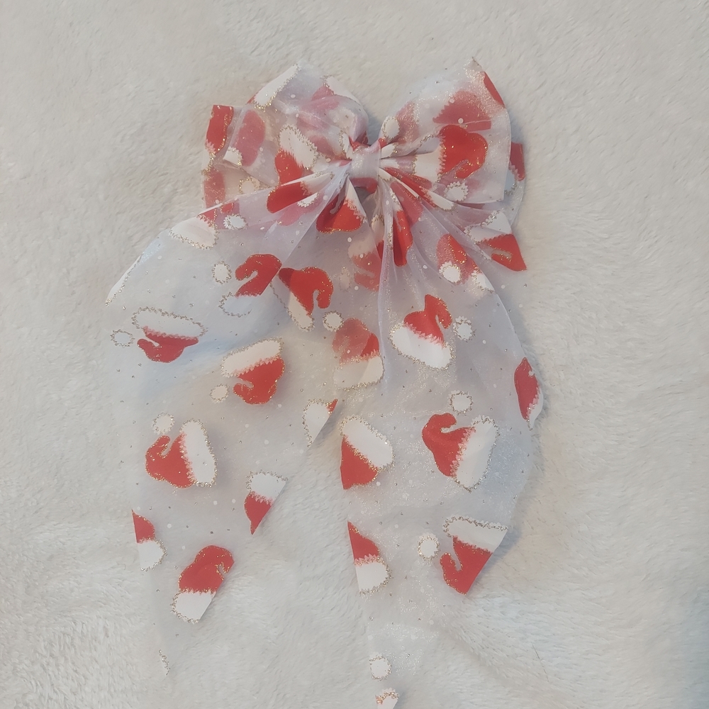 Red and White Santa Hat Bow Glitter Prerry Hairbow